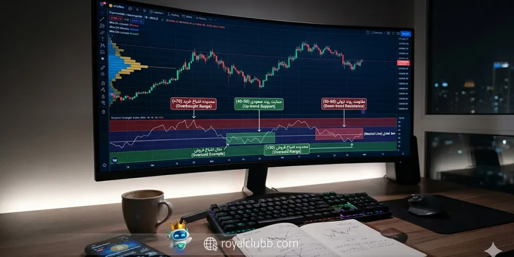 تصویر اندیکاتور RSI روی چارت قیمت برای بررسی اشباع خرید و اشباع فروش