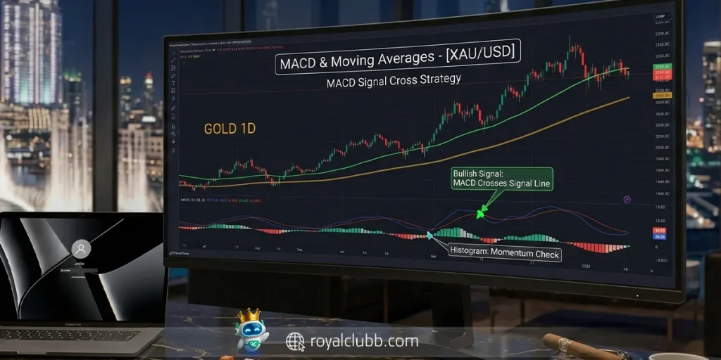 تصویر اندیکاتور MACD با خط سیگنال و هیستوگرام برای بررسی مومنتوم بازار