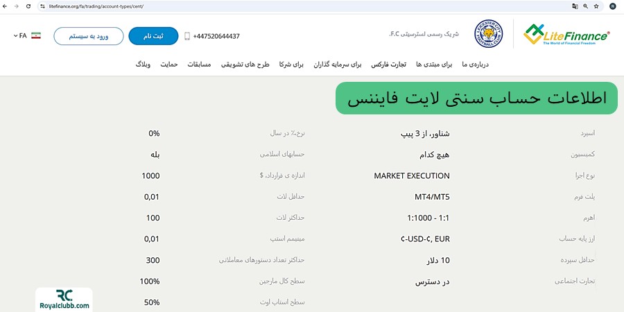 حساب Cent (سنت) لایت فایننس