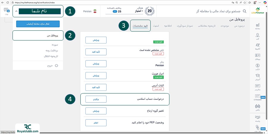 مراحل دریافت حساب اسلامی در لایت فایننس