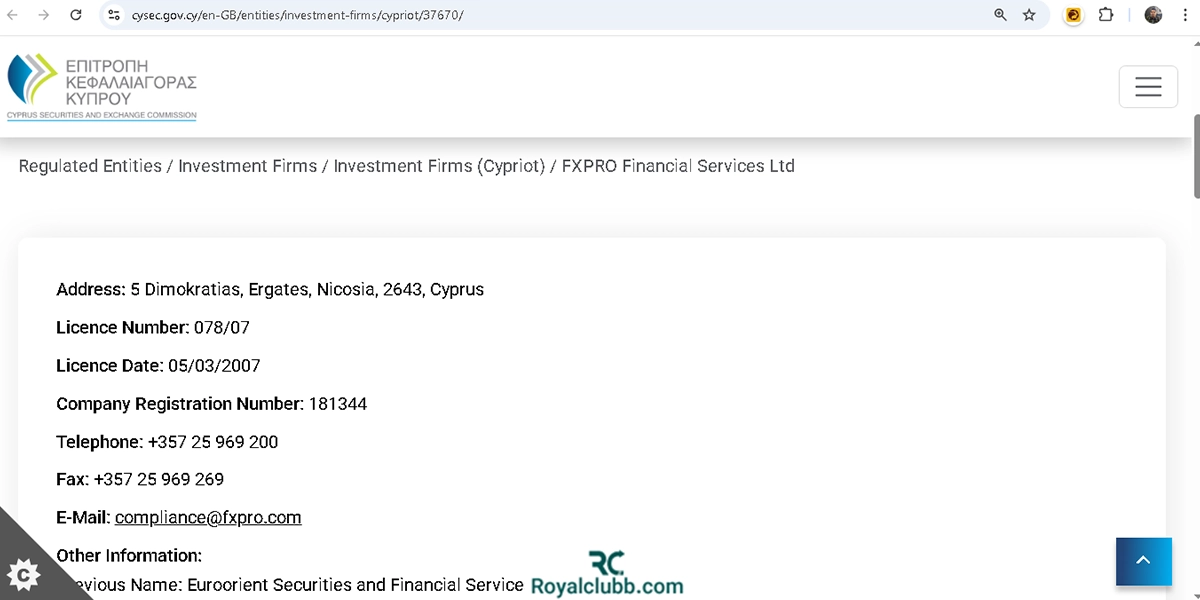 مجوز CySec بروکر اف ایکس پرو