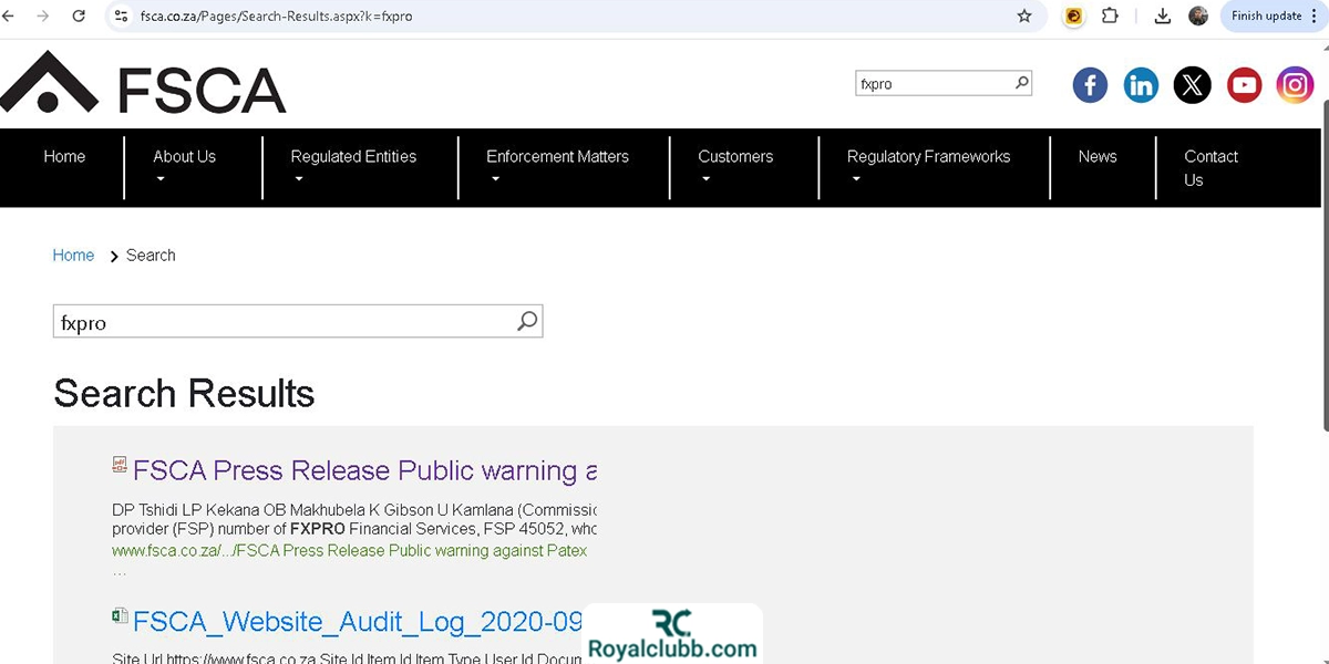 مجوز FSCA بروکر اف ایکس پرو