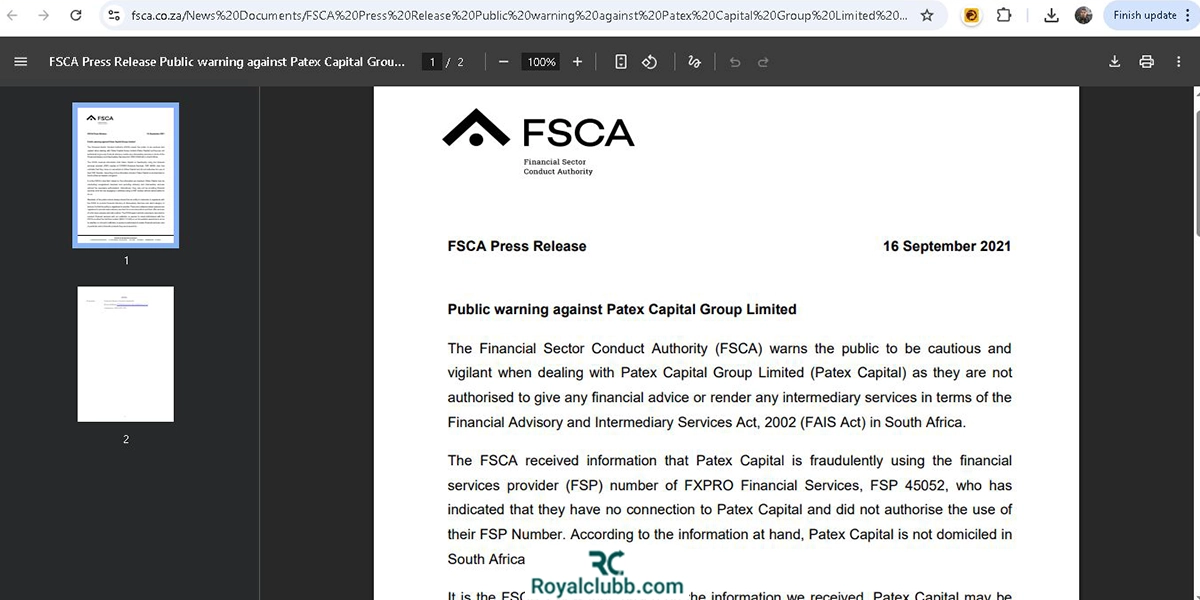 مجوز FSCA بروکر اف ایکس پرو