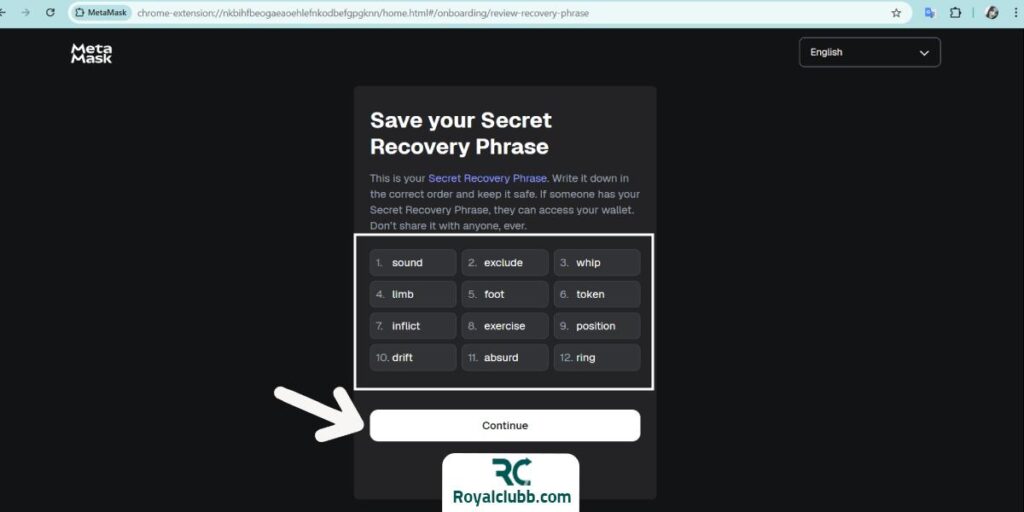 عبارات بازیابی کیف پول متامسک