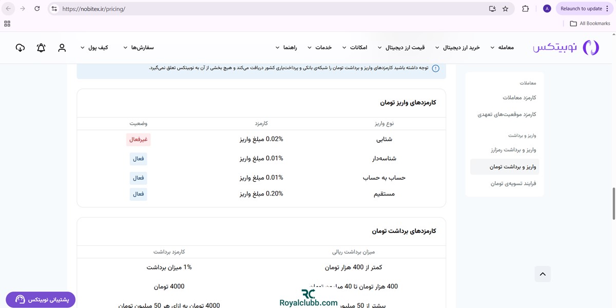 کارمزد وازیر و برداشت تومانی نوبیتکس