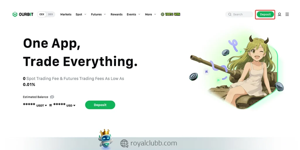 ورود به بخش کیف پول (Wallet) و انتخاب Deposit در اولین قدم آموزش واریز و برداشت در صرافی اوربیت