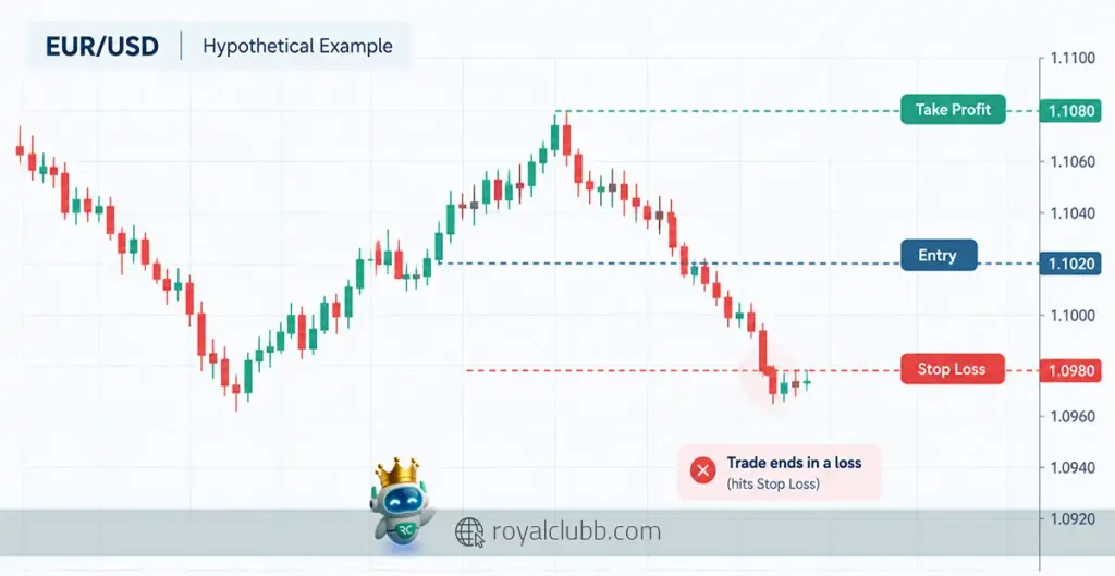 نمودار فرضی جفت ارز EUR/USD با نمایش نقطه ورود، حد سود و حد ضرر در یک معامله زیانده